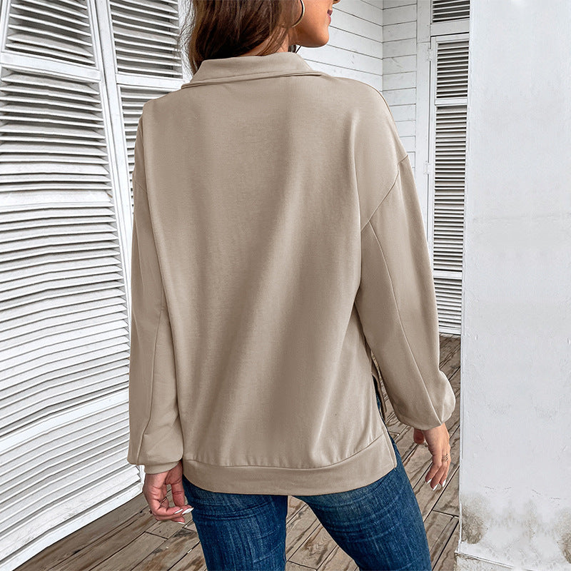 Autumn New Women's Lapel Long-Sleeved Top Zipper Loose Casual Hoodie T-Shirt
