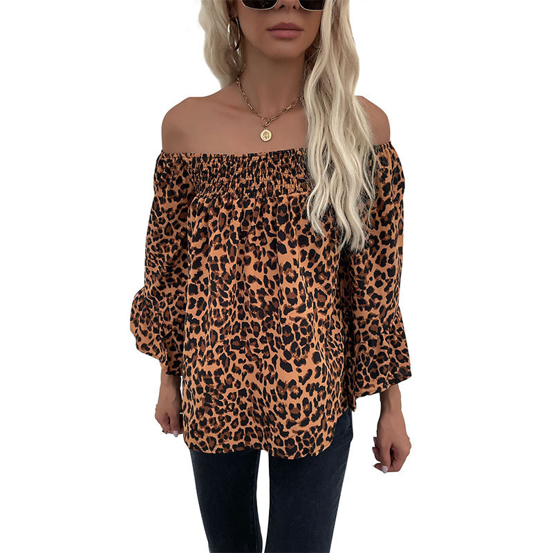 Autumn New Women's Loose One-Line Shoulder Pullover Bottom Leopard Print Chiffon Shirt
