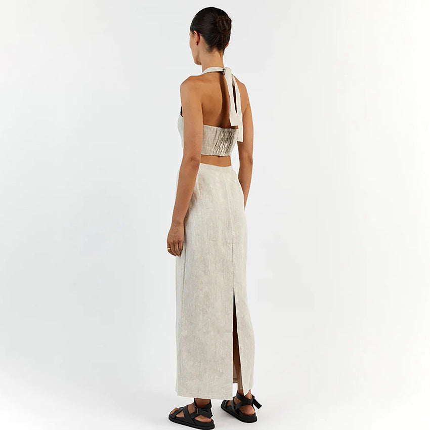 Summer New Cotton Hemp Halter Vest Long Dress Set Holiday Half Skirt Small Fashion Woman