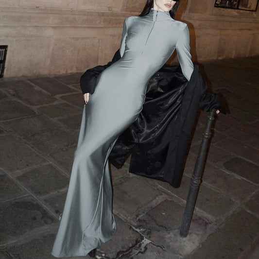 Zipper Slim Long-Sleeved Autumn And Winter Dress Set Head Standing Collar Tight Body Long Skirt High Waist Big Size Fat Sister Tall Female Skirt