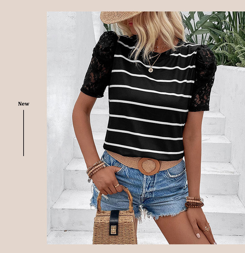 Summer New Women's Short-Sleeved Striped Slim Top