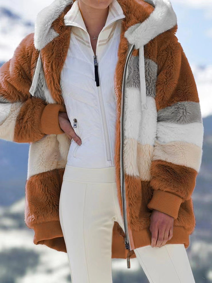 Autumn/Winter Warm Plush Patchwork Zipper Pocket Hooded Loose Coat For Women