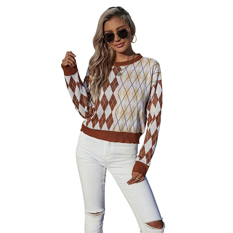 Fashion Women's Autumn Casual Long-Sleeved Diamond Check Sweater Loose Round Neck