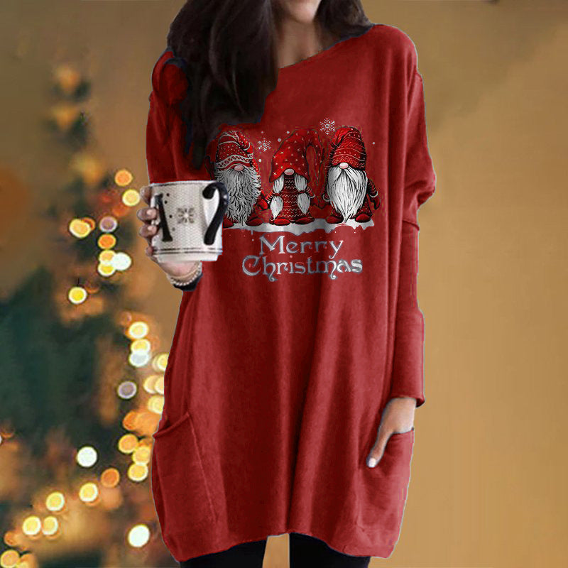 Santa Claus Printed Long Sleeve Pocket Round Neck T-Shirt Dress