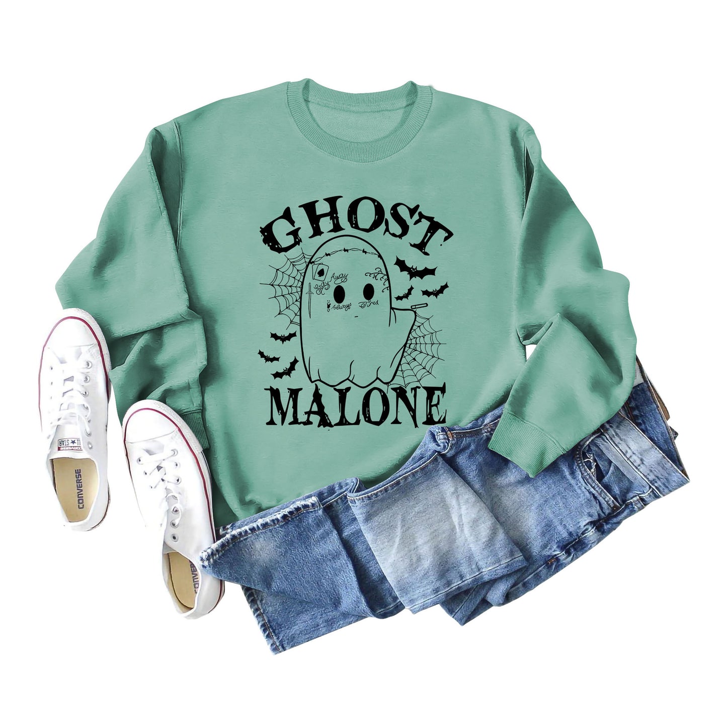Ghost Malone Letter Round Neck Fashion Bat Round Neck Halloween Long Sleeve Hoodie