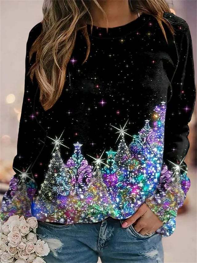 New Christmas Tree Sequin Pattern Holiday Regular Shoulder Neck Casual Sweatshirt Blouse