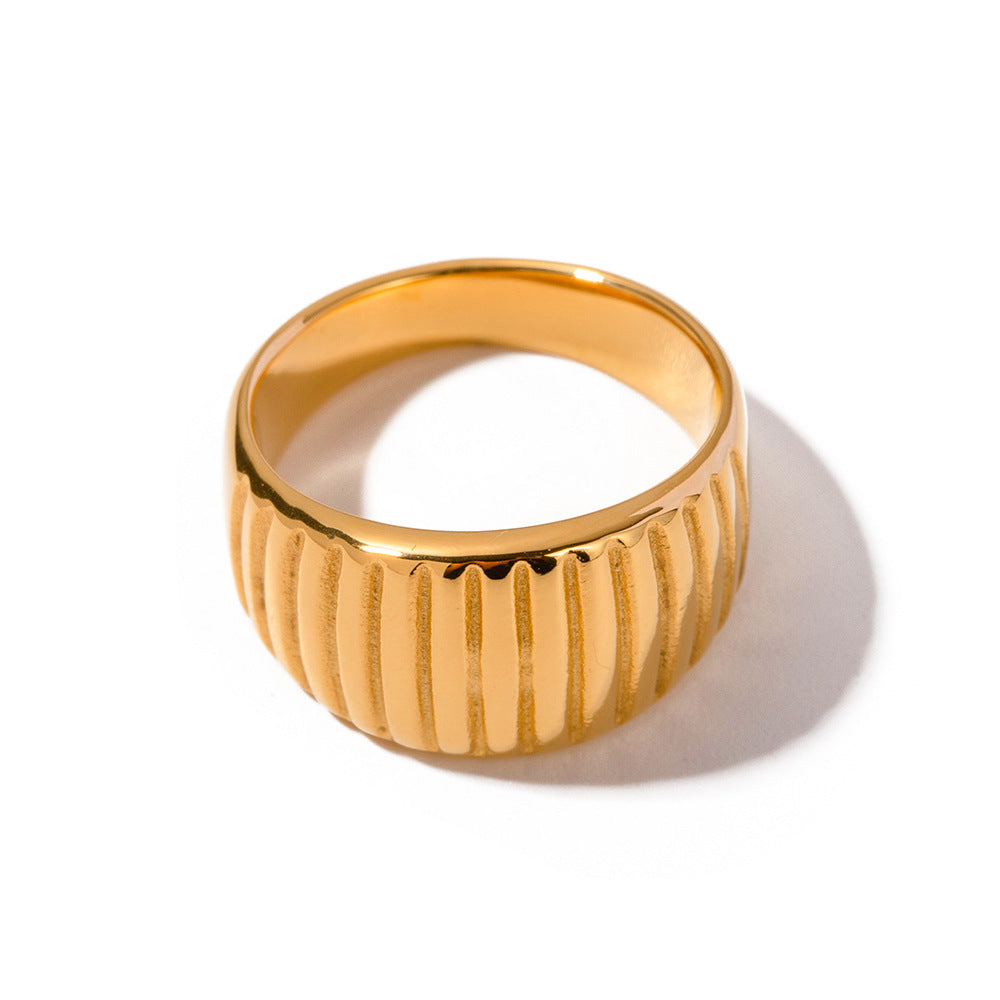 5pcs Niche 18K Electric Gold Plated Titanium Steel Ring 18K Gold Stainless Steel Vertical Grain Cut Wide Face Ring