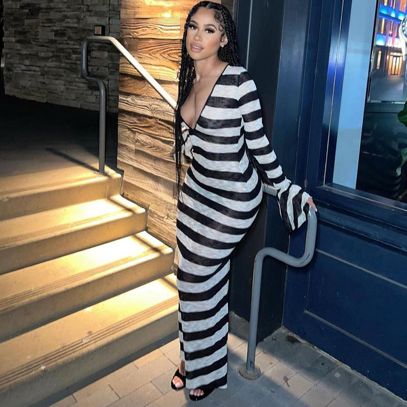 Long Sleeve Deep V-Neck Perspective Dress Sexy Striped Long Dress Slim Size Fat M Backless Skirt