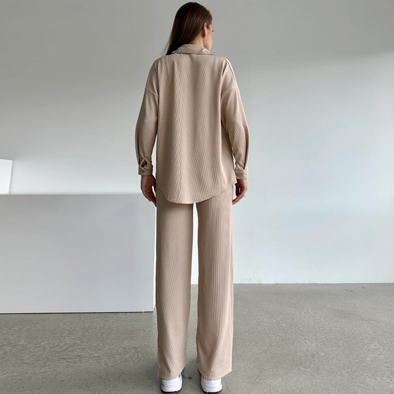 Fashion Casual Suit Cardigan Lapel Long Sleeve Solid Color Loose Pants Women's Two-Piece Set