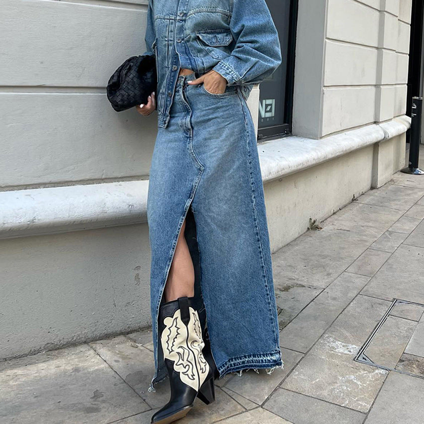 Summer Commute High-Waisted Slimming Split Blue Denim Skirt Skirt Vintage To Do Old Hip Wrap Skirt