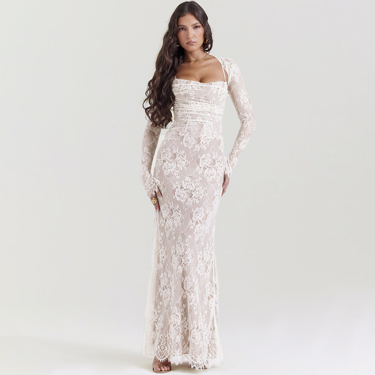 Women's Fall New Lace Shawl Suspender Long Dress Two-Piece Temperament Long-Sleeved Dress Fishtail Skirt