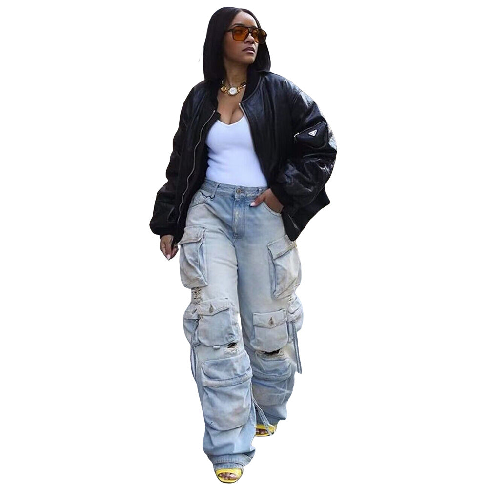 New Denim Three-Dimensional Multi-Bag Pants Multi-Bag Pants Retro Casual Multi-Bag Pants
