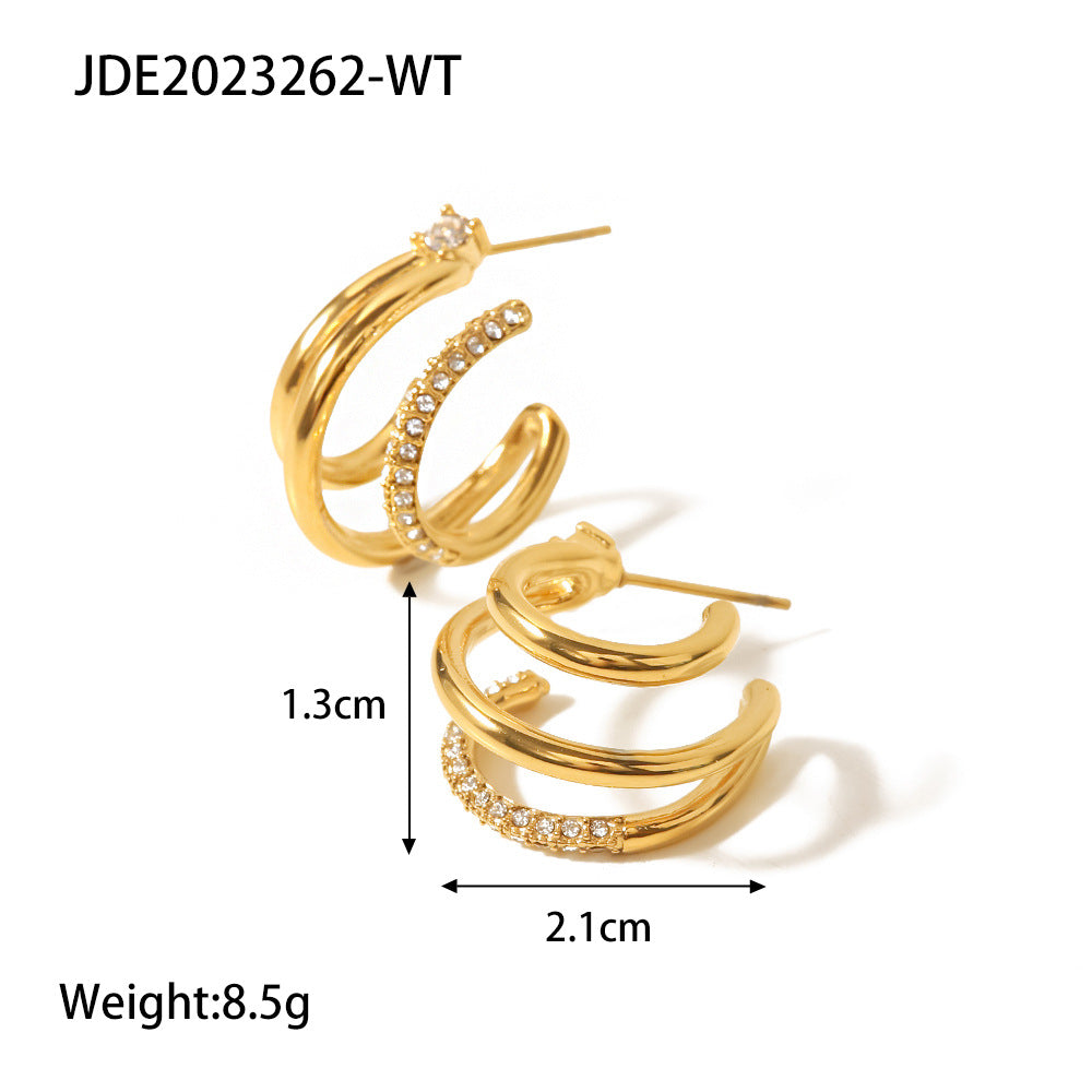 5pcs New Women's All-Match Titanium Steel Earrings Stainless Steel Plated 18-Karat Gold Set With Green/White Diamond Geometric C-Shaped Earrings