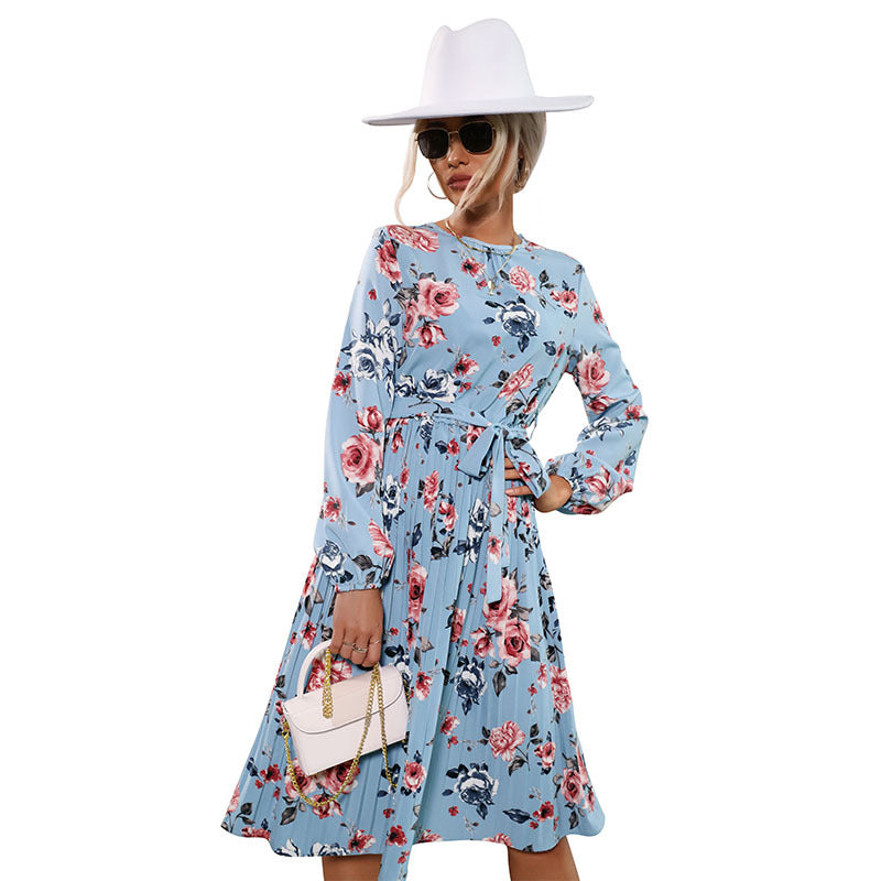 New Autumn And Winter Floral Dress Long-Sleeved Blue Pleated Skirt Female