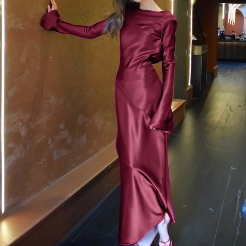 Round Neck Satin Color Ding Slim Sexy Split Dress New Spring Fashion Woman