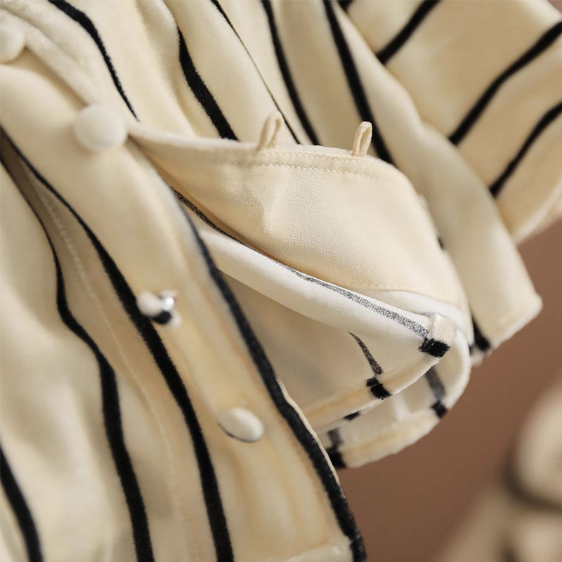 Velvet-Striped Stand-Up Collar This Button-Down Shirt