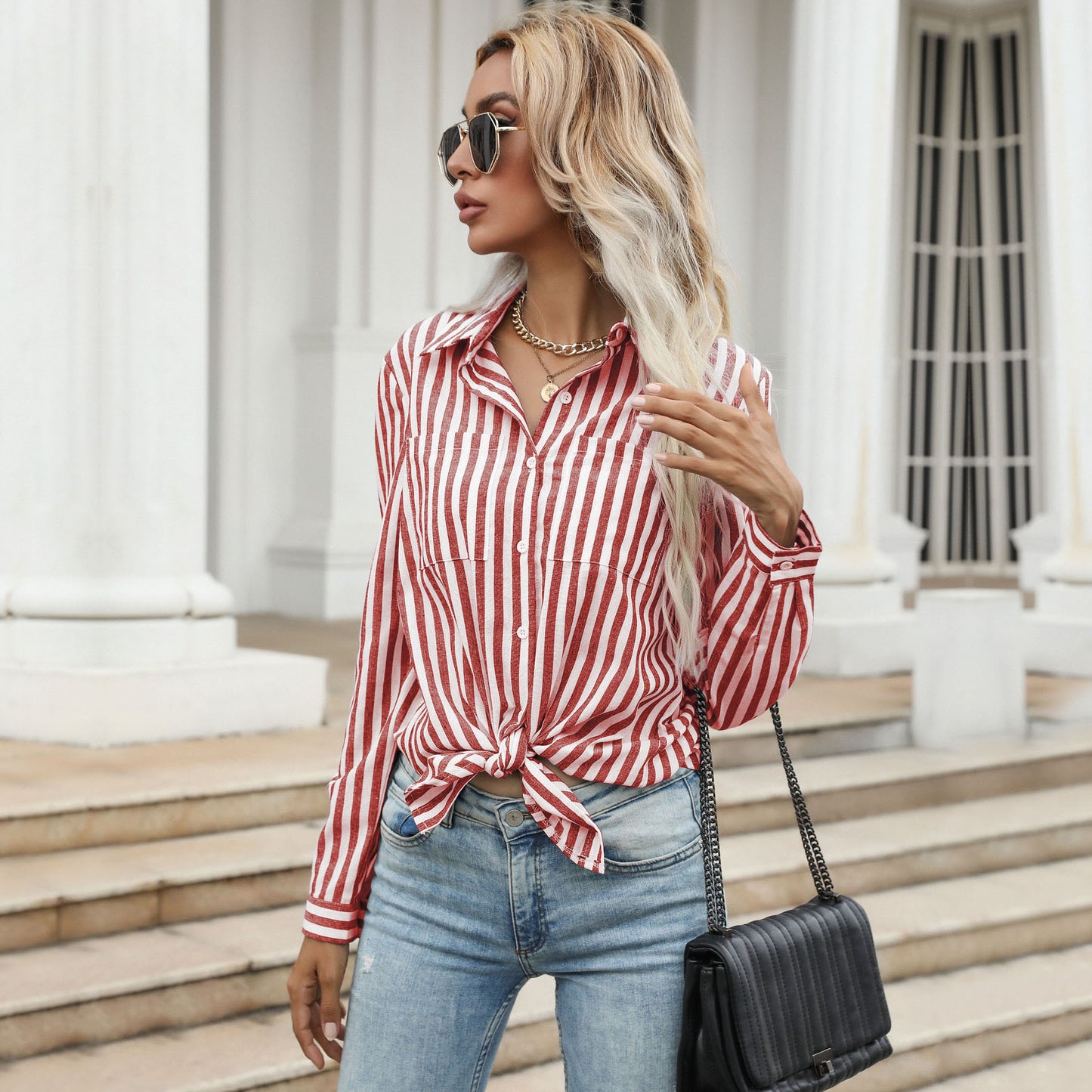 Autumn New Button Cardigan Striped Shirt Lapel Shirt Long Sleeve Commuter Shirt Woman