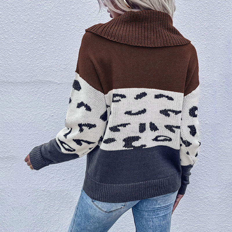 Autumn Winter Casual Women's Leopard-Print Color Contrast Long-Sleeved Pullover Sweater Women