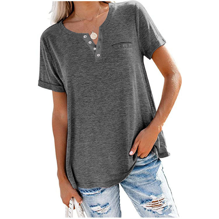 Spring And Summer New Top V-Neck Short Sleeve Pocket Loose T-Shirt Woman