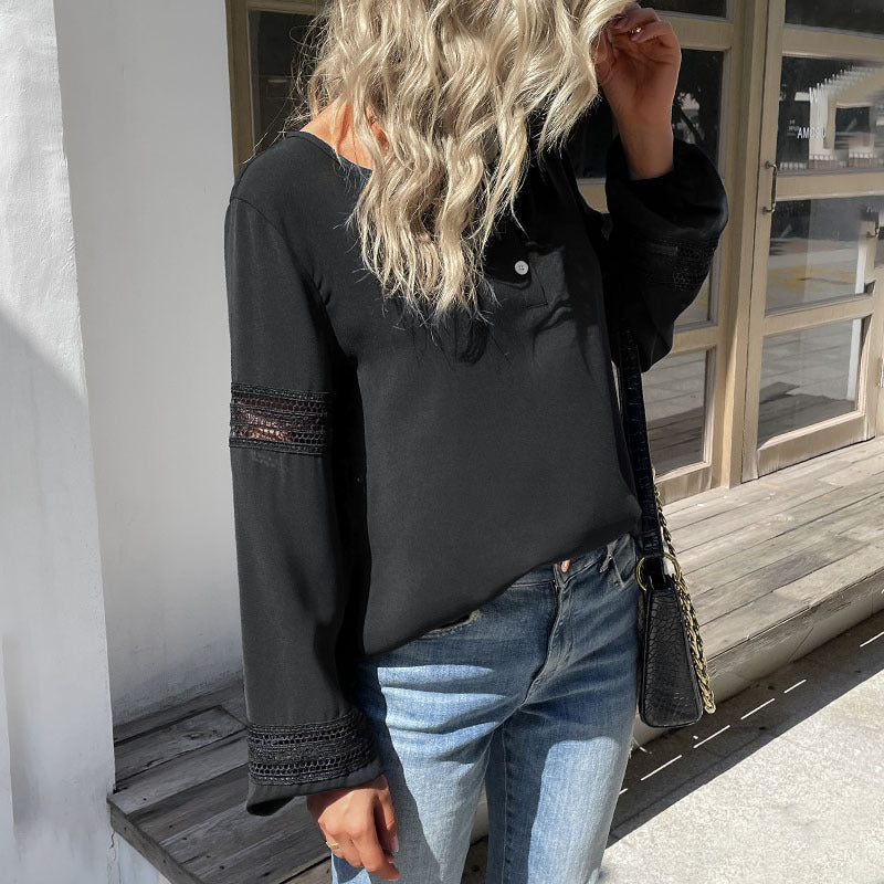 Women's Autumn New Lace Patchwork Shirt Round Neck Solid Color Long Sleeve Hollow Shirt