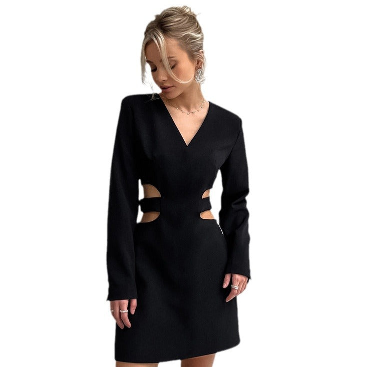 Black Hollow Design Sense V-Neck Slim-Fit Dress New Spring Fashion Skirt