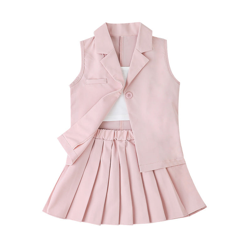 Summer Girls Halter T-Shirt + Skirt + Vest Jacket Three-Piece Pleated Skirt Suit British Style