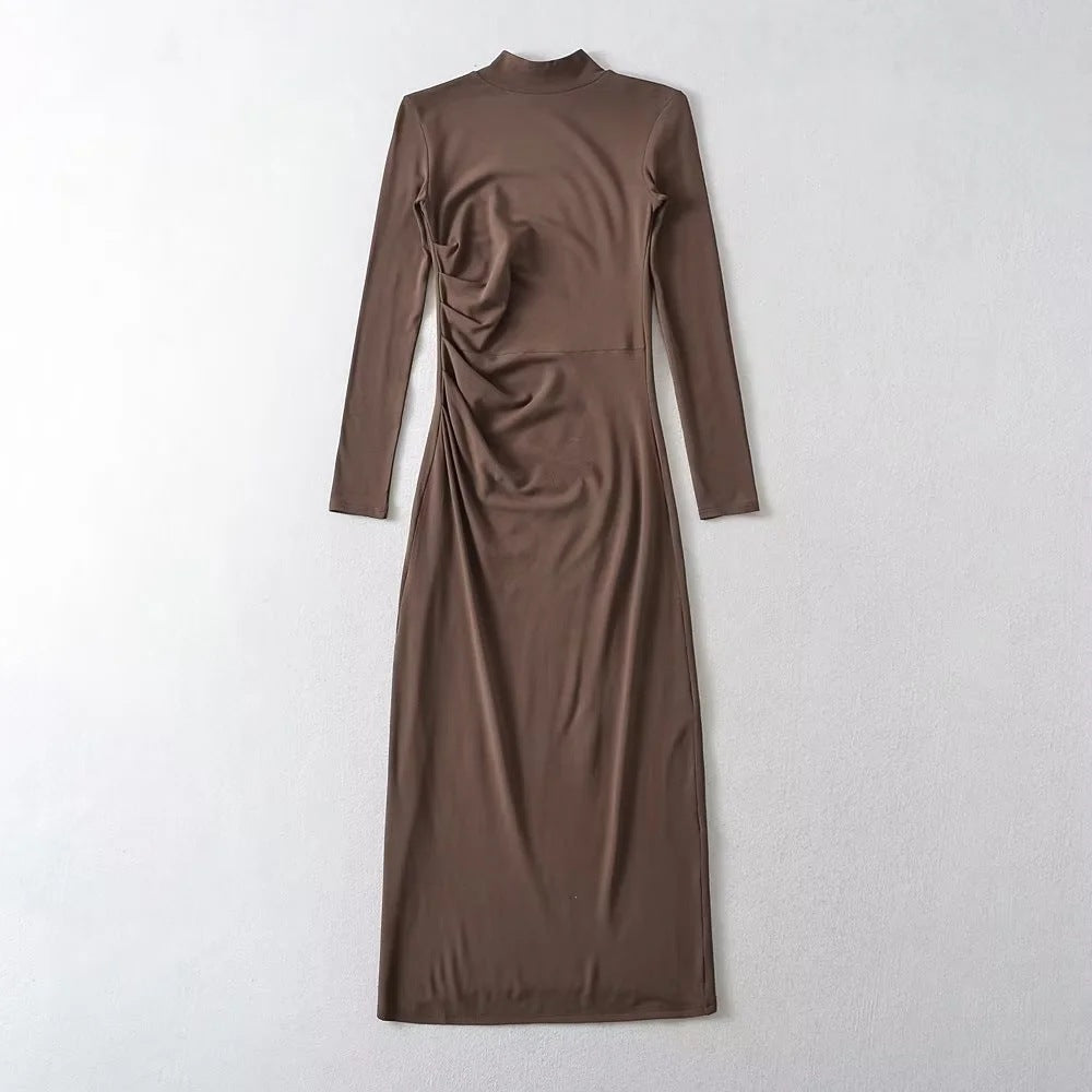 Female New Spring New Sexy Spice Girl Pure Wind Half High Neck Long Sleeve Pleated Dress