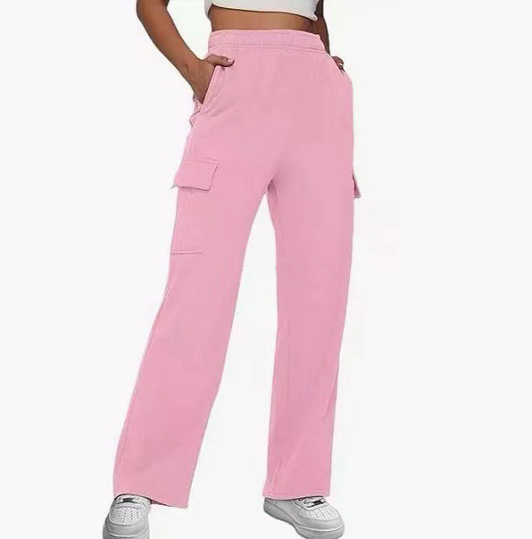 New Autumn And Winter Overalls Solid Color High Waist Slimming Design Sense Pocket Straight Leg Wide Loose Pants Women