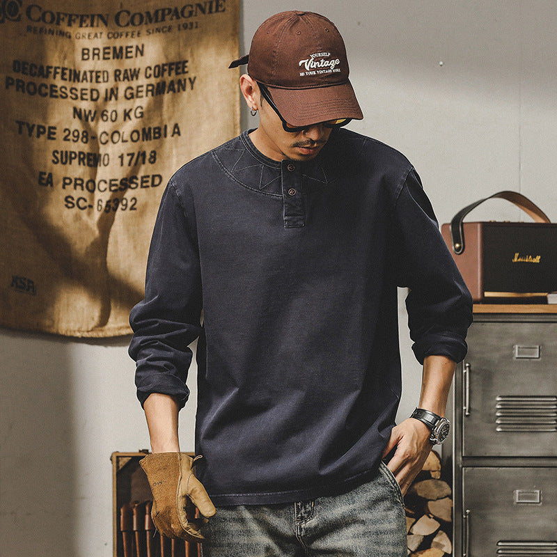 Retro Heavy Long-Sleeved T-Shirt Men's Spring And Autumn Loose Big Size Tough Guy Base Henry Shirt