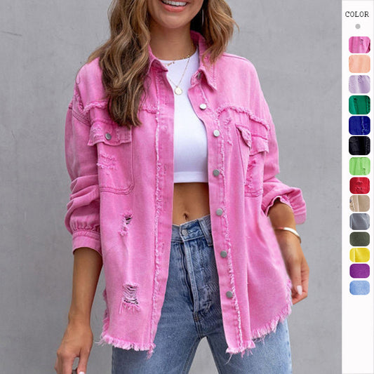 New Wind Long Rough Edge Hole Denim Coat Female Autumn And Winter Long Sleeve Casual Lapel Top