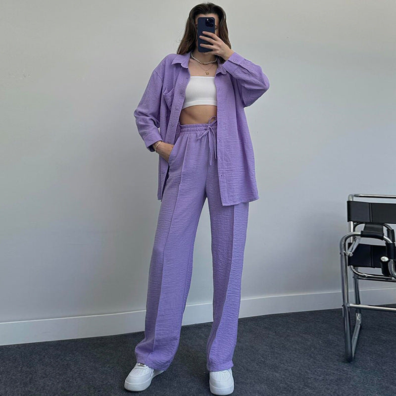 Women's Autumn And Winter Long-Sleeved Shirt Folds Elastic Waist Trousers Elegant Two-Piece Set New