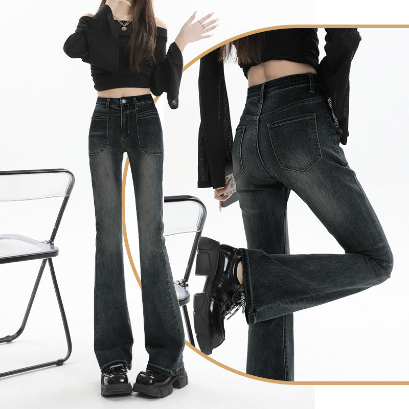 Vintage Micro-Flared Jeans For Women Autumn-Winter High-Waisted Slimming Stretch Spice Mop Horseshoe Pants