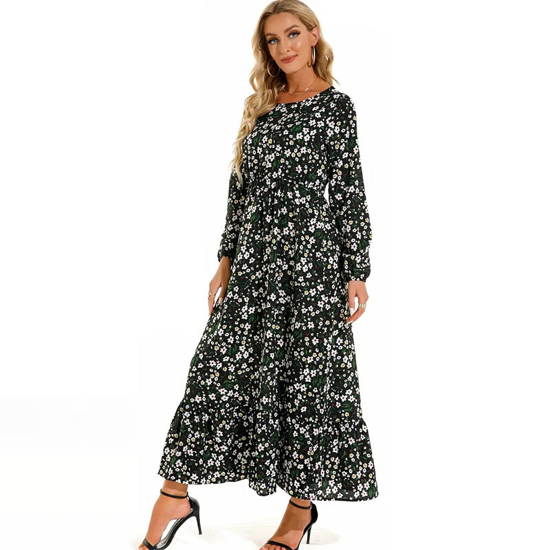 New Autumn And Winter Long Sleeve Long Dress Elegant Printed Round Neck Floral Swing Dress