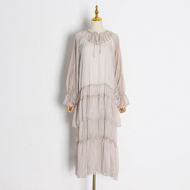 New Wooden Ear Edge Splicing Holiday Beach Long Skirt V-Neck Long Sleeve Dress Women With Suspenders