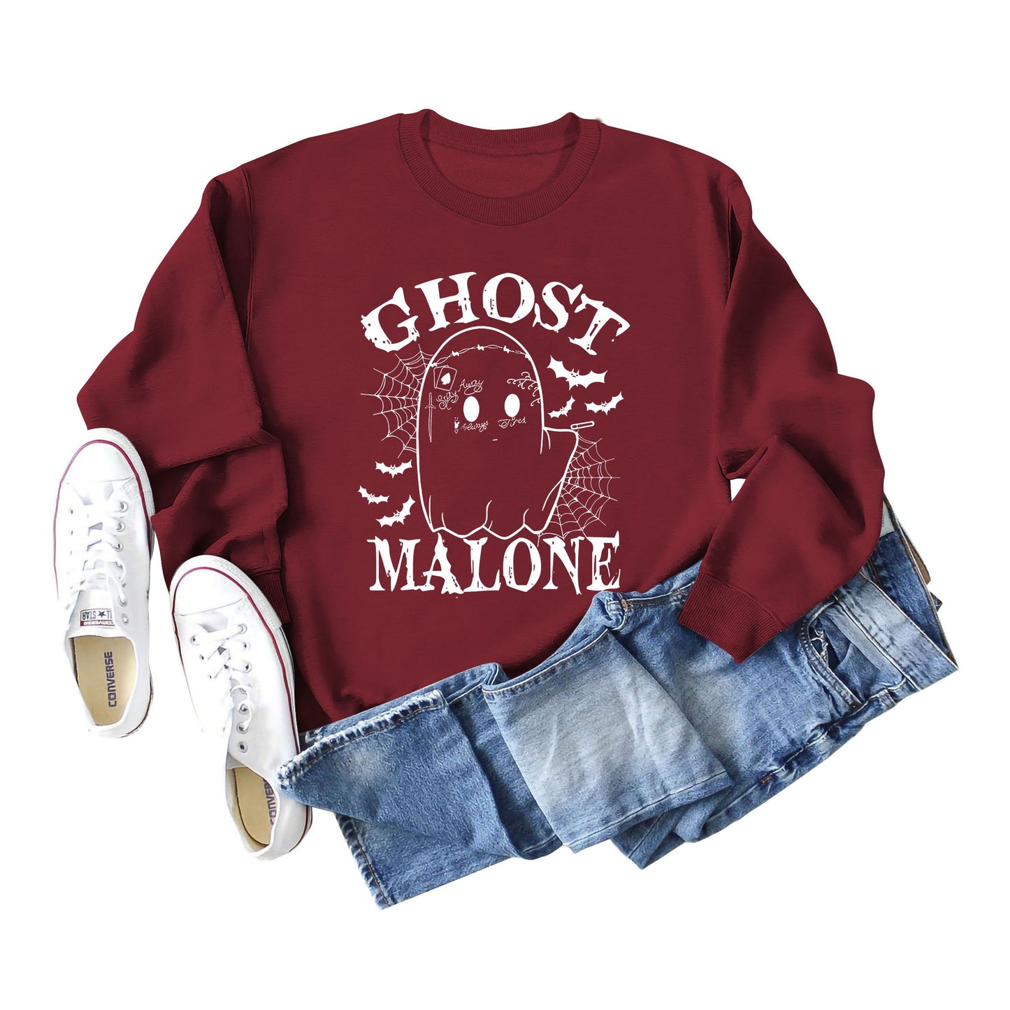 Ghost Malone Letter Round Neck Fashion Bat Round Neck Halloween Long Sleeve Hoodie