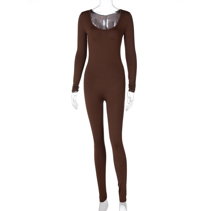 Slim-Fit Hip Lift One Piece Trousers Casual Round Neck Long Sleeve Autumn And Winter Bottom Tight Jumpsuit Women