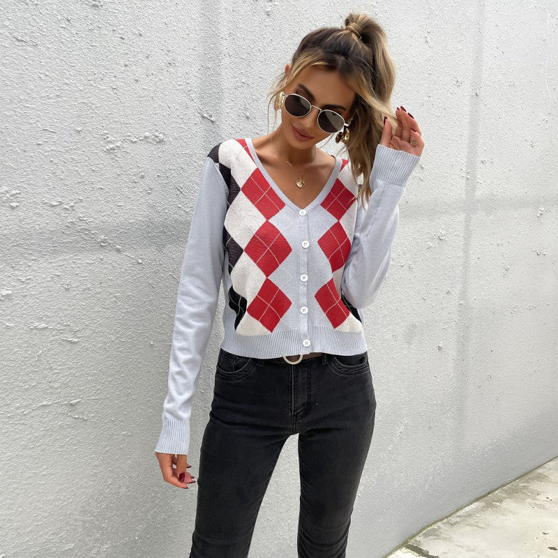 Early Autumn Fashion Women's Diamond Check Shirt Long Sleeve Short Light Cardigan