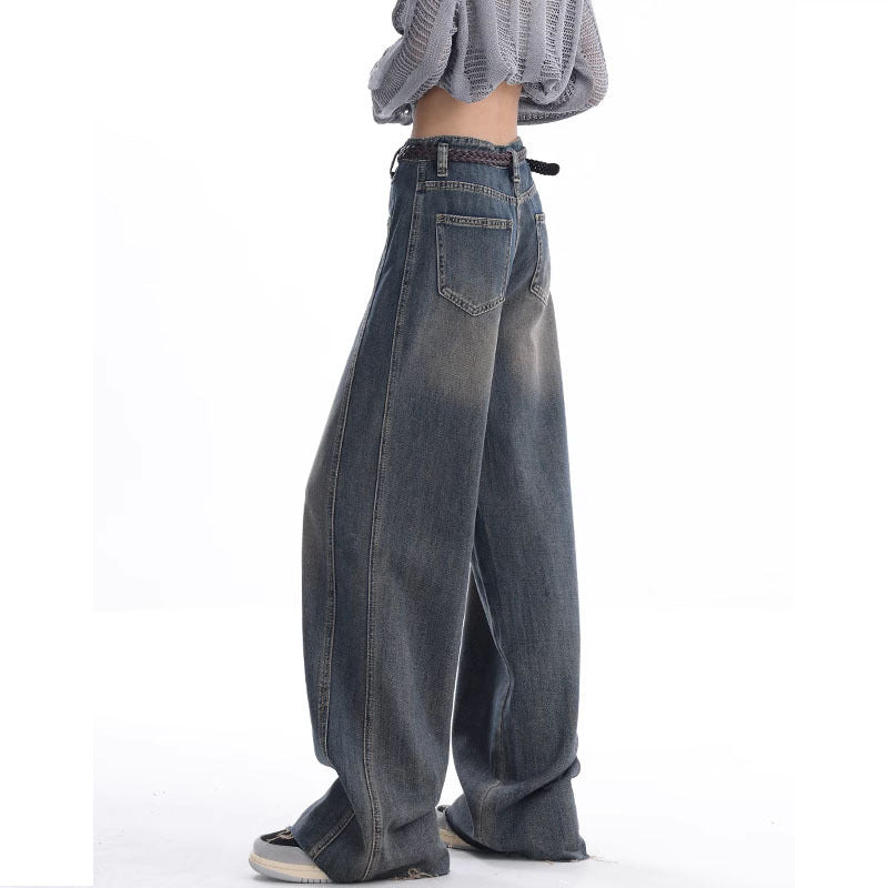 Early Fall New Wash Water Nostalgic Raw Hem Jeans Women's Vintage Wide-Leg Pants