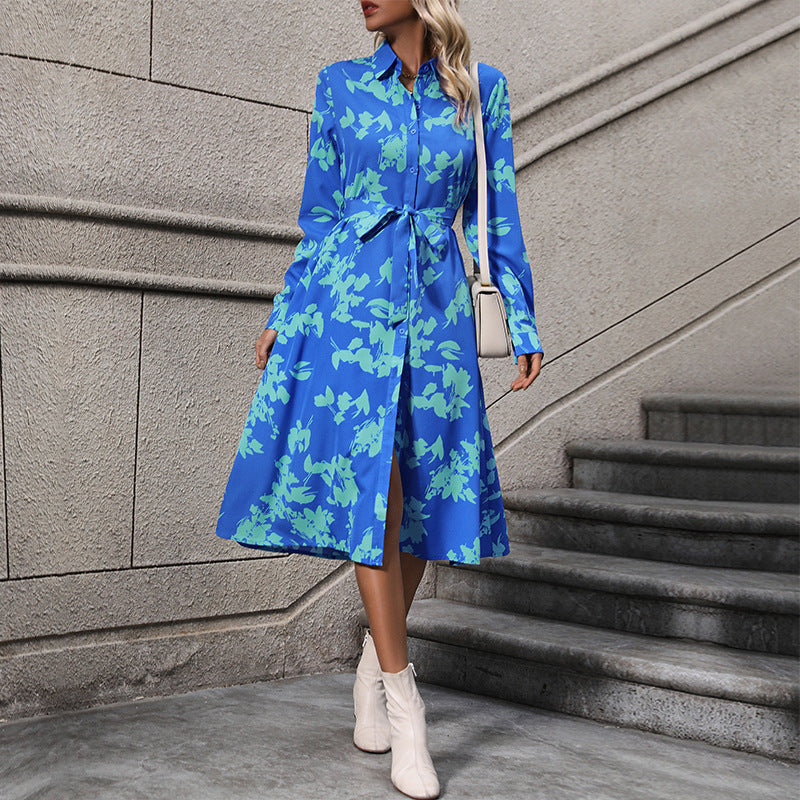 New Autumn Women's Long-Sleeved Lapel Print Dress