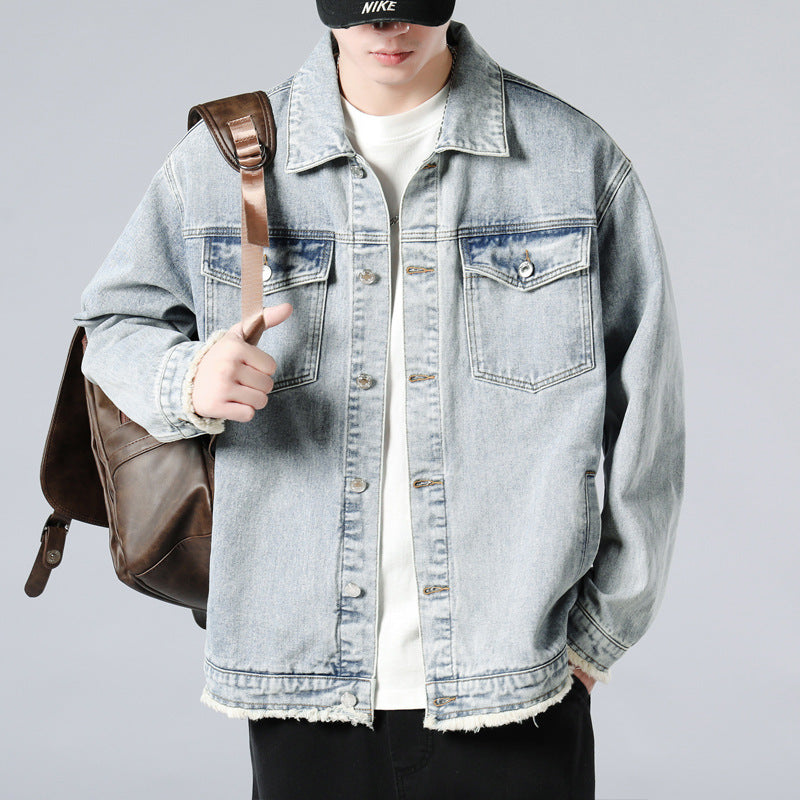Heavy Denim Coat Male Spring And Autumn New Fashion Handsome Cargo Jacket Loose Large Size Washed Coat
