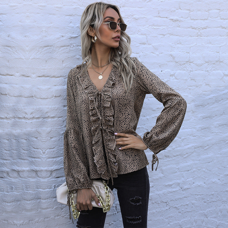 Wind Top Tie Loose V-Neck Long Sleeve Leopard Lace Shirt