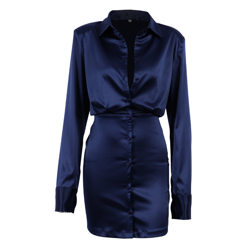 Long-Sleeved Shirt Dress Shoulder Pad Autumn New Sexy Slim Bag Hip Skirt Temperament Women