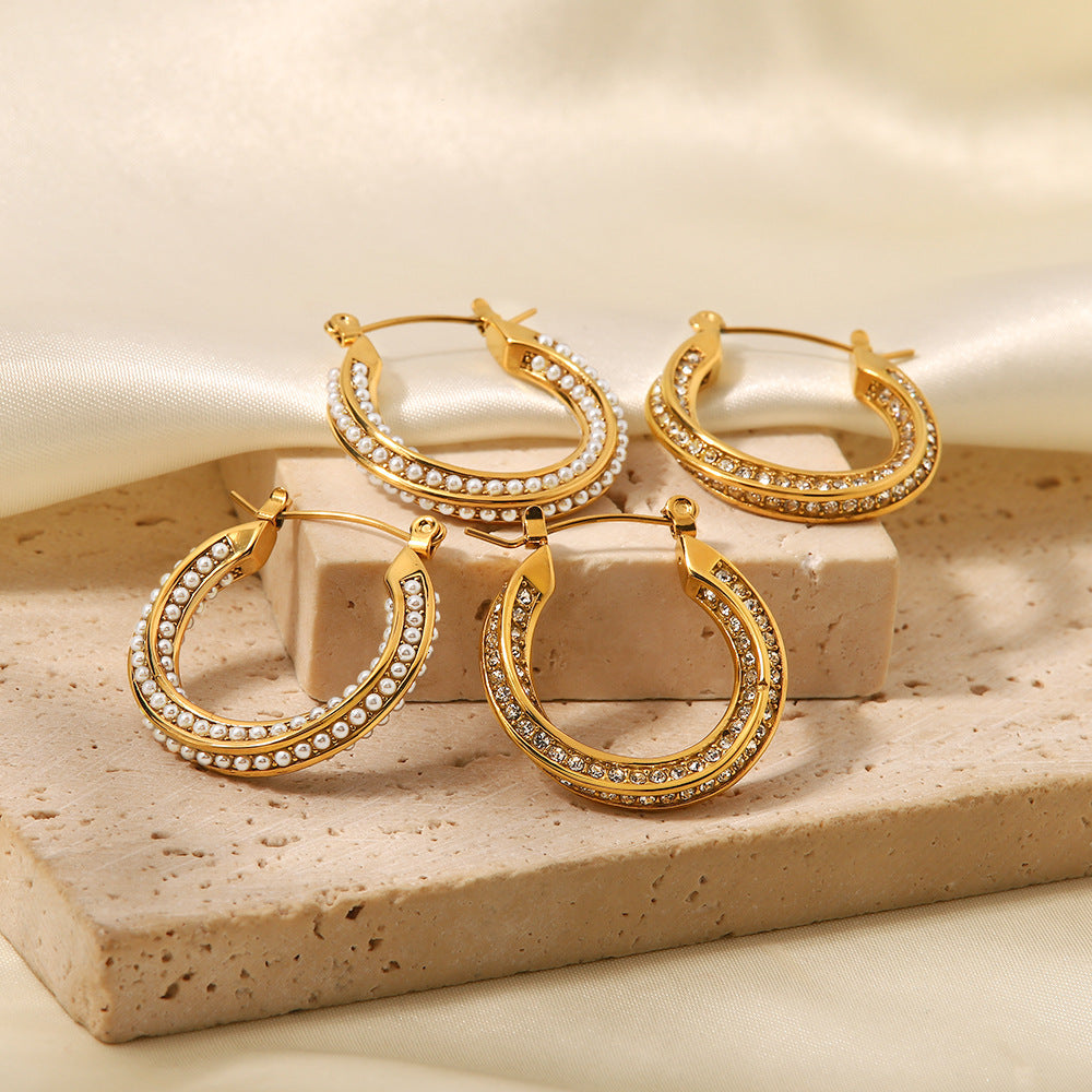 5pcs Fashion Classic Twist 18K Gold Plated Stainless Steel Set With White Pearl Earrings All-Match Earrings