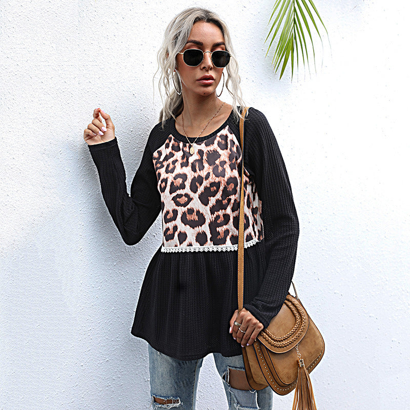 Fashion Top Splicing Long Sleeve Leopard Print Black Slim-Fit Sweater