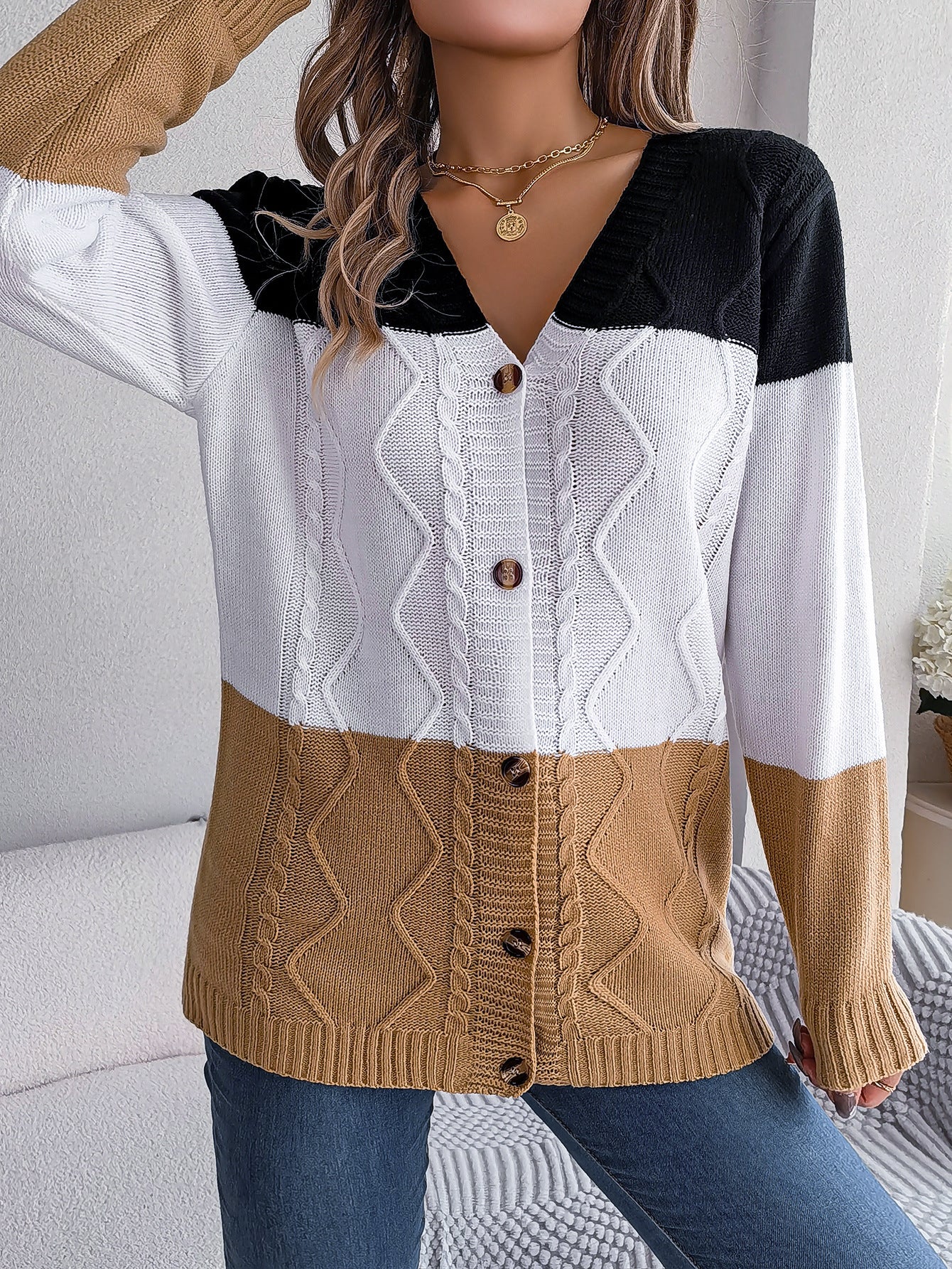 Style Autumn And Winter Casual Color Contrast Button Long Sleeve Sweater Cardigan Coat Women's Wear