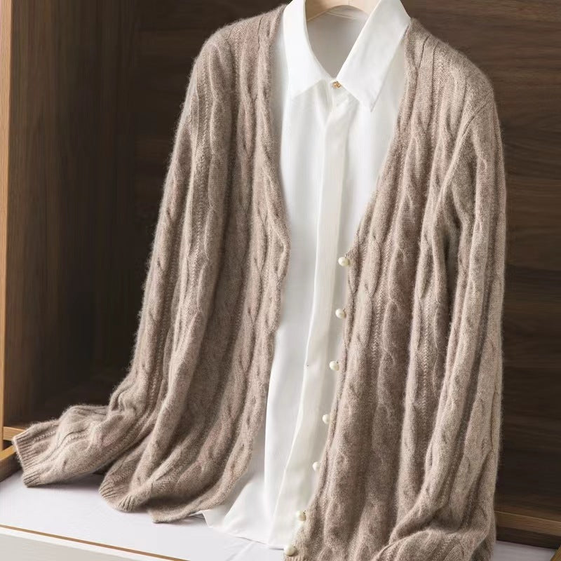 100 Pure Wool Knit Coat Cardigan Collar Loose Twist Autumn/Winter Vintage Cashmere Sweater With Extra Thickness