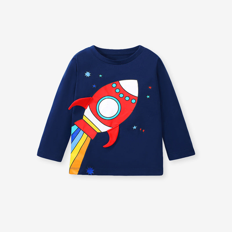 Children's T-Shirt Cartoon Rocket Boy Top Cotton Children's Autumn Children's T-Shirt