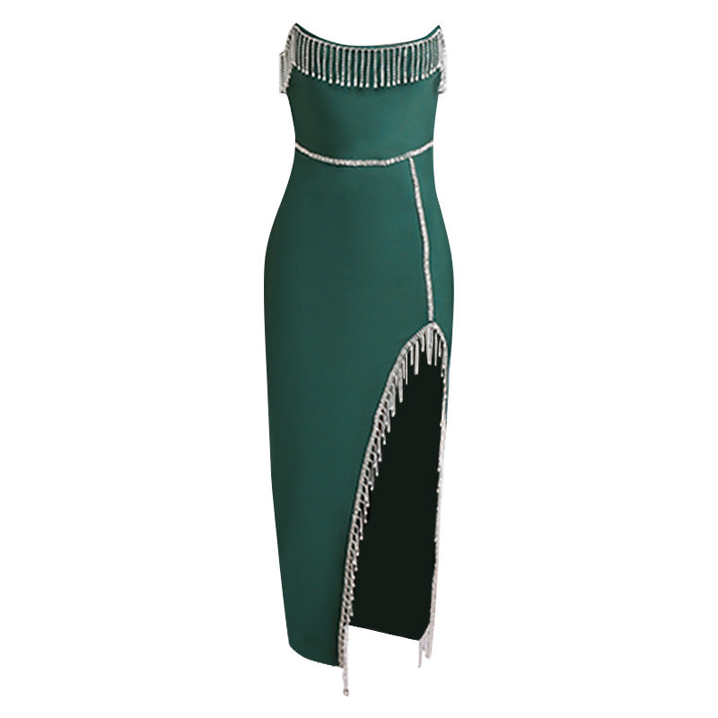 Women's Fall Sexy Strapless Bandage Dress High-Grade Temperament Pendant Fringe Irregular Dress