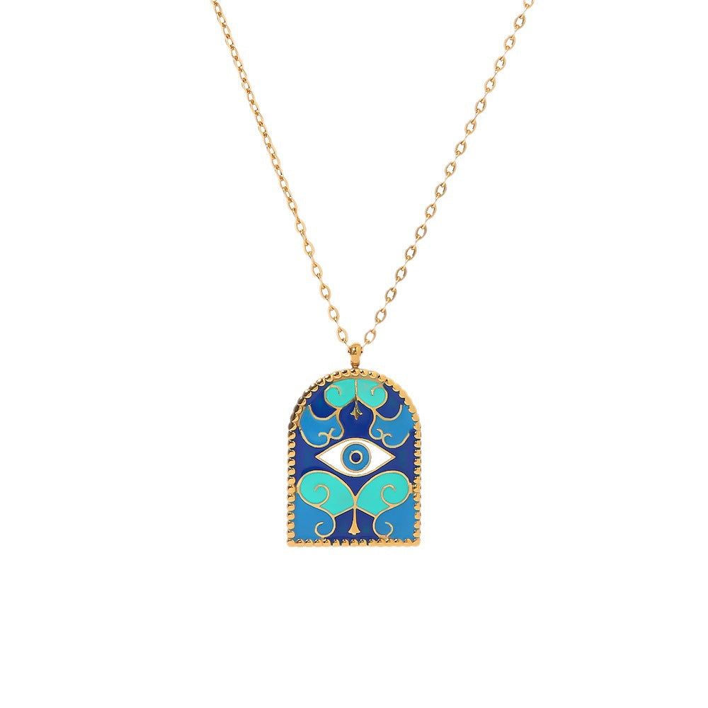 5pcs New 18K Electroplated Blue Ancient Roman Arch Eye Titanium Steel Chain Niche Design Necklace
