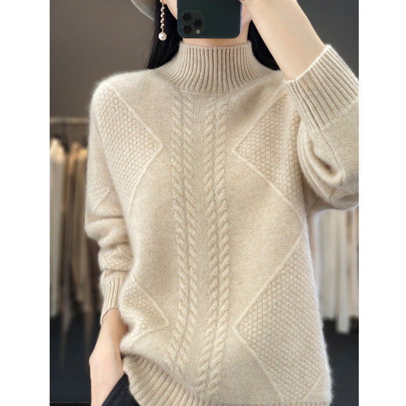 Diamond Twist Thickened Half Turtleneck 100 Woolen Sweater Women's Loose Pullover Long-Sleeved Base Sweater